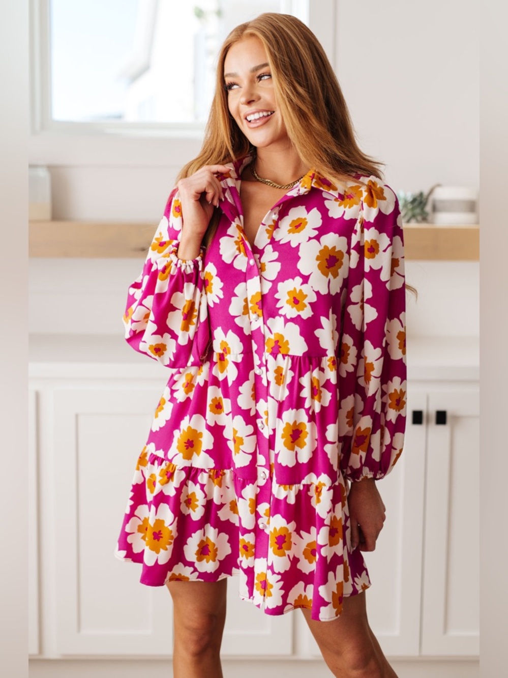 Floral Pearl Button Shirt Dress